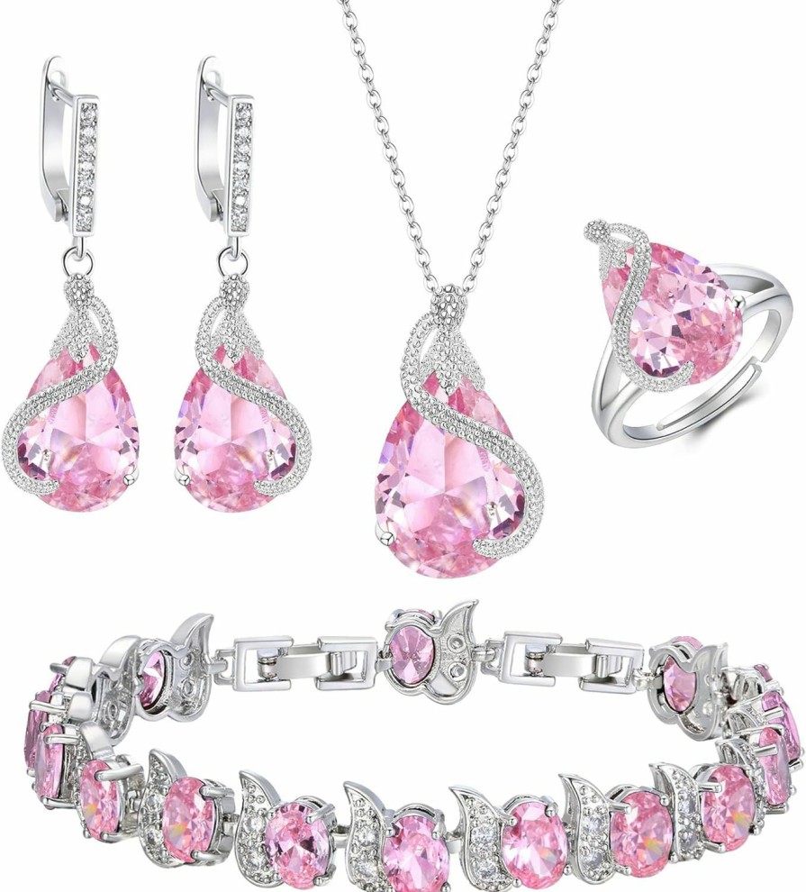 EVER FAITH Ever Faith Bridal Jewelry Set For Bride Bridesmaid, Glamour Birthstone Pink Teardrop Cubic Zirconia Necklace Earrings Tennis Bracelet Open Ring Set For Women Silver-Tone Jewelry Sets