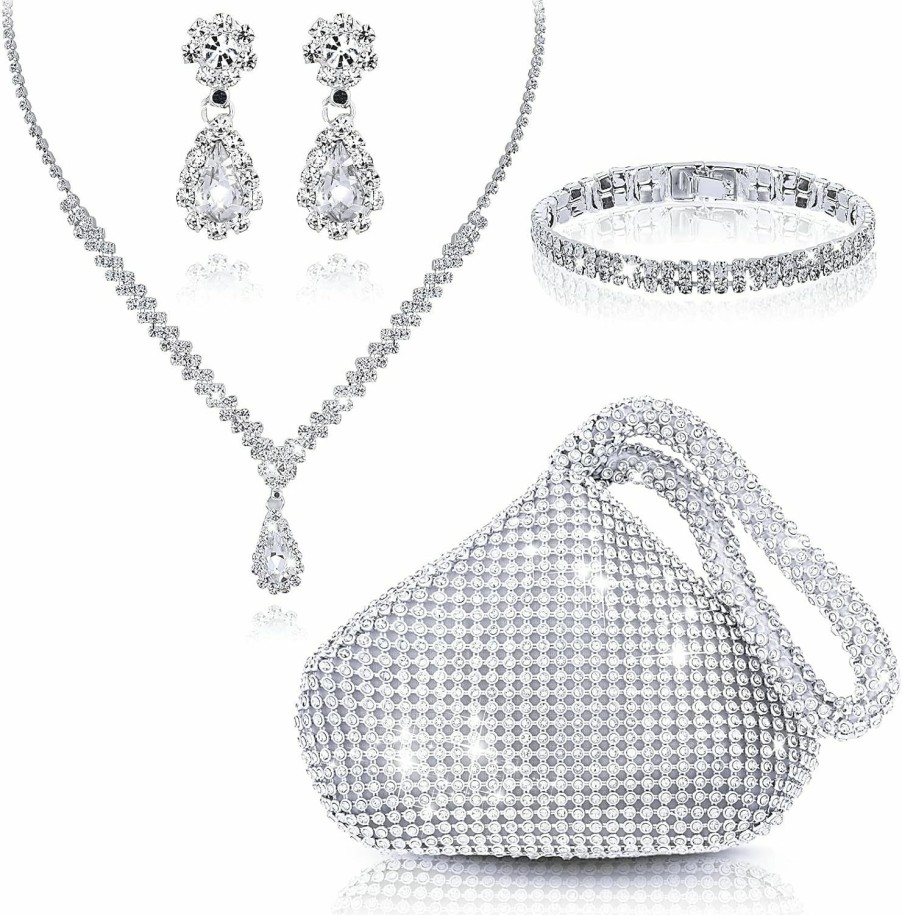 Yolev Bridal Wedding Jewelry Set Silver Clutch Purse Bag Rhinestone Evening Bag Necklace Earrings Bracelet Brides Bridesmaid Prom Costume Jewelry Set For Women And Girls Jewelry Sets