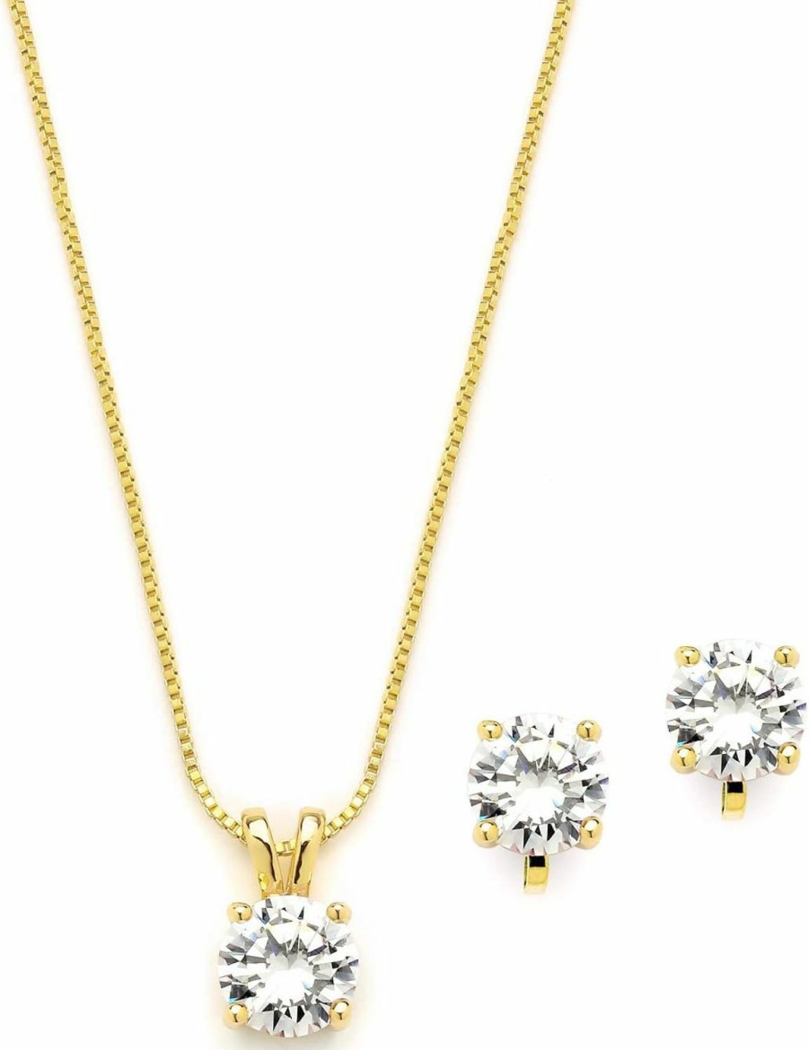 Mariell Mariell 14K Gold Plated Cubic Zirconia Jewelry Set - 2Cwt Round Pendant With Matching Clip-On Earrings Jewelry Sets