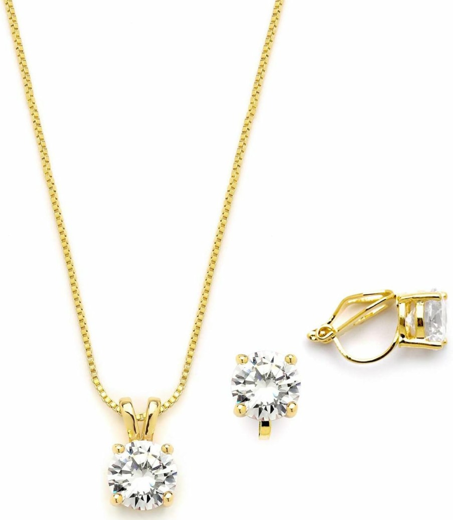 Mariell Mariell 14K Gold Plated Cubic Zirconia Jewelry Set - 2Cwt Round Pendant With Matching Clip-On Earrings Jewelry Sets