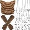 Sureio Sureio 25 Pcs Y2K Grunge Knitted Cat Beanie With Fairy Grunge Ripped Gloves Earrings Necklace Rings Devil Horn Grunge Accessories Jewelry Sets