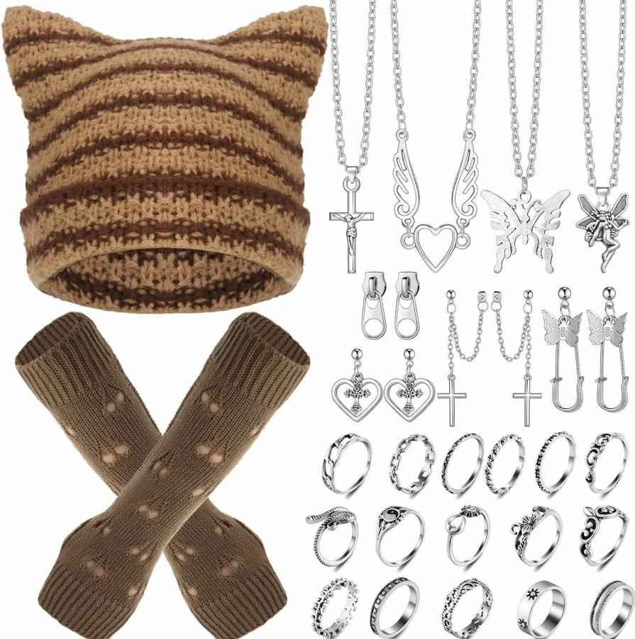 Sureio Sureio 25 Pcs Y2K Grunge Knitted Cat Beanie With Fairy Grunge Ripped Gloves Earrings Necklace Rings Devil Horn Grunge Accessories Jewelry Sets