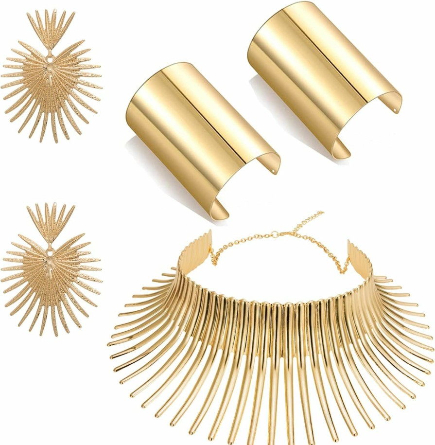 SONNYX Sonnyx African Collar Choker Necklace Earrings Bangle Set For Women Gold Statement Tooth Shape Tribal African Costumes Jewelry Accessories For Theme Party Halloween Jewelry Sets