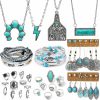 IFKM Ifkm 47 Pcs Silver Bohemian Jewelry Set With 4Pcs Turquoise Necklace,12 Pairs Dangle Earrings, 11Pcs Stackable Bangle Bracelets, 20Pcs Knuckle Rings For Women Girls Vintage Western Boho Turquoise Jewelry Sets