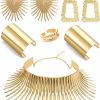 SONNYX Sonnyx 8 Pieces African Collar Choker Necklace Earrings Gold Bangle Set For Women Gold Statement Tooth Shape Tribal African National Costumes Jewelry Accessories For Theme Party Halloween Jewelry Sets