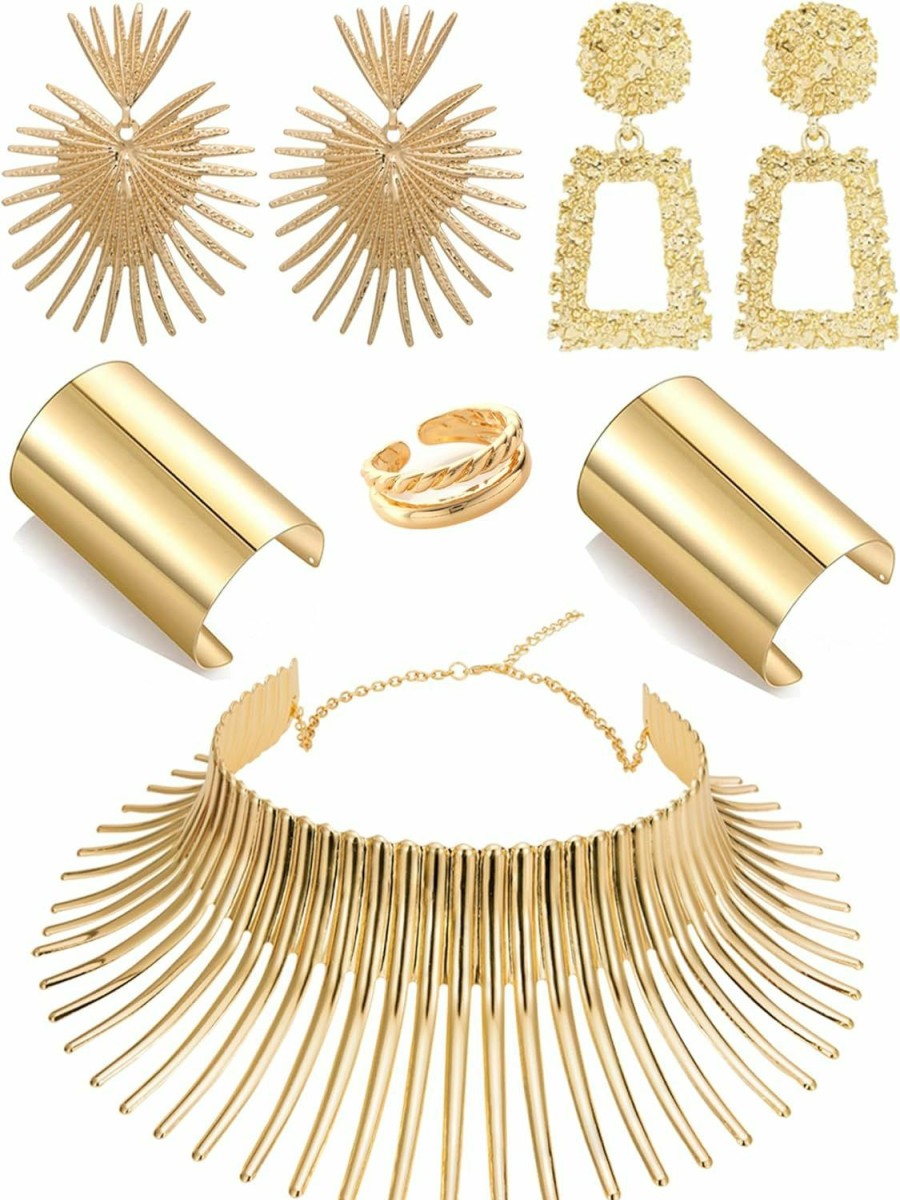 SONNYX Sonnyx 8 Pieces African Collar Choker Necklace Earrings Gold Bangle Set For Women Gold Statement Tooth Shape Tribal African National Costumes Jewelry Accessories For Theme Party Halloween Jewelry Sets