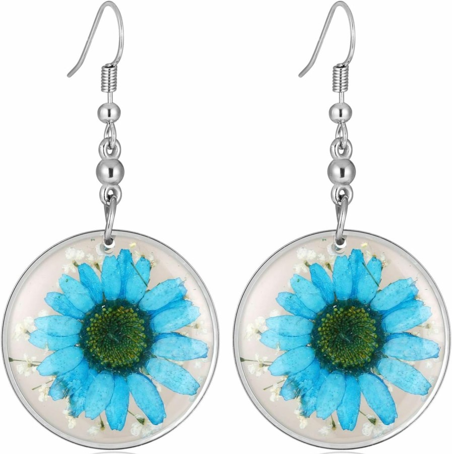 FM FM42 Fm Fm42 Multi-Colored Pressed Daisy & Queen Anne'S Lace Flowers 1.14\" Round Circle Drop Dangle Hook Earrings, 7 Colors Jewelry Sets