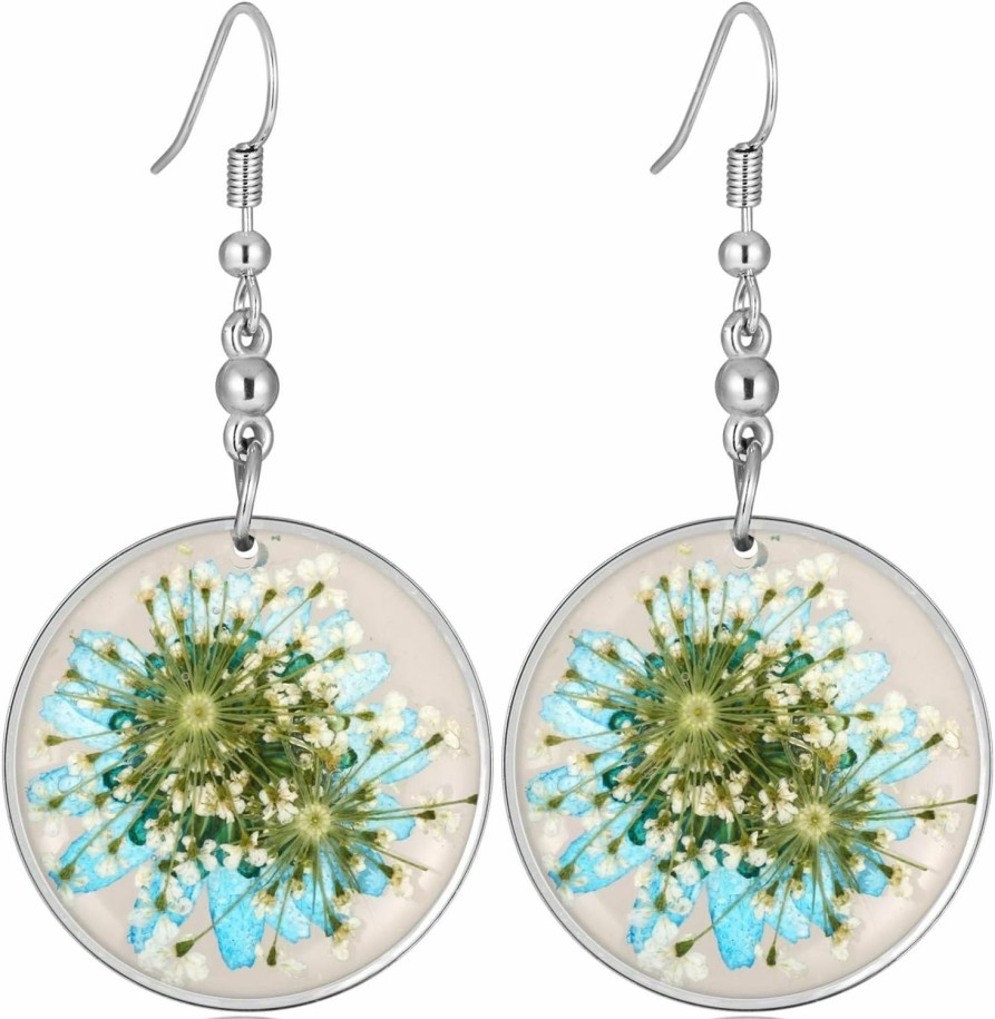 FM FM42 Fm Fm42 Multi-Colored Pressed Daisy & Queen Anne'S Lace Flowers 1.14\" Round Circle Drop Dangle Hook Earrings, 7 Colors Jewelry Sets