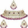 I Jewels I Jewels Gold Plated Indian Wedding Bollywood Kundan Pearl Hanging Choker Necklace Jewellery Set With Earrings & Maang Tikka For Women And Girls Jewelry Sets