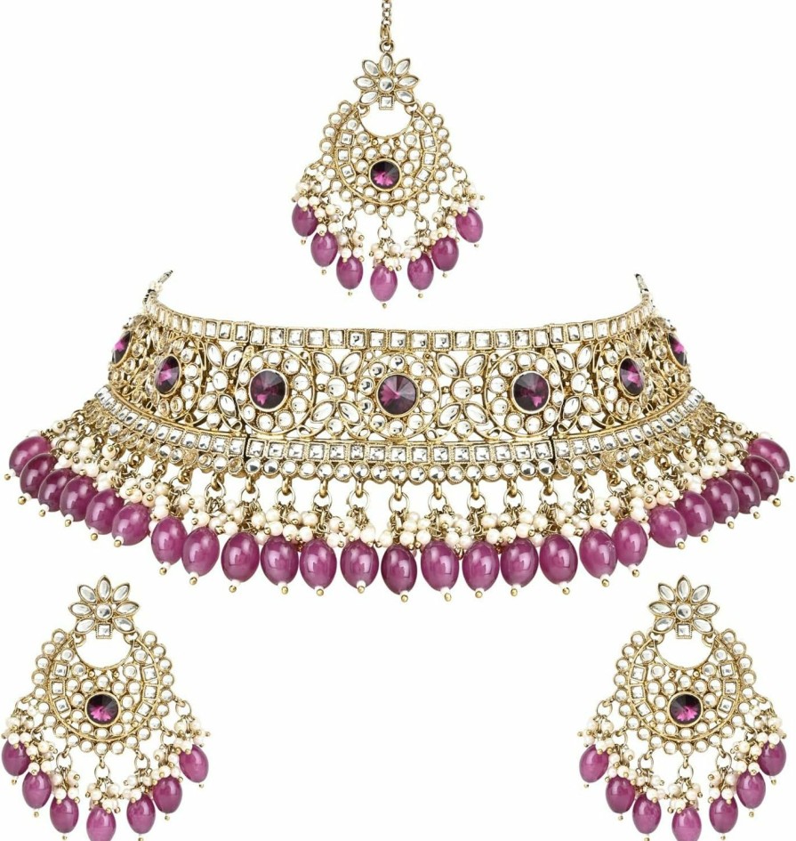 I Jewels I Jewels Gold Plated Indian Wedding Bollywood Kundan Pearl Hanging Choker Necklace Jewellery Set With Earrings & Maang Tikka For Women And Girls Jewelry Sets