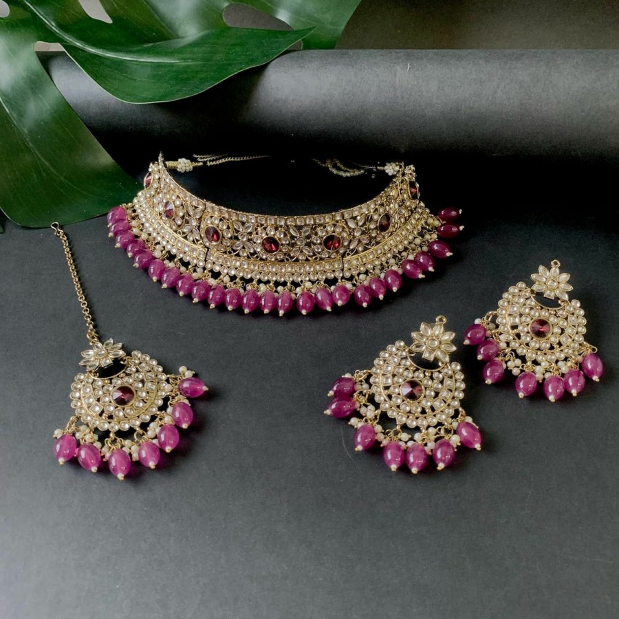 I Jewels I Jewels Gold Plated Indian Wedding Bollywood Kundan Pearl Hanging Choker Necklace Jewellery Set With Earrings & Maang Tikka For Women And Girls Jewelry Sets