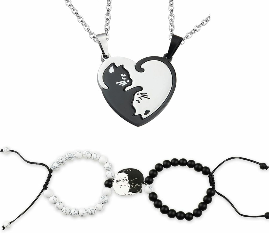 ShinyStyle J4You Shinystyle J4You 4Pcs Matching Bracelets Necklace For Couples Cat Hug Couples Bracelets Couples Necklace Heart Matching Couples Stuff Bracelets Necklace For Bf And Gf Relationship Gifts Couples Jewelry Jewelry Sets