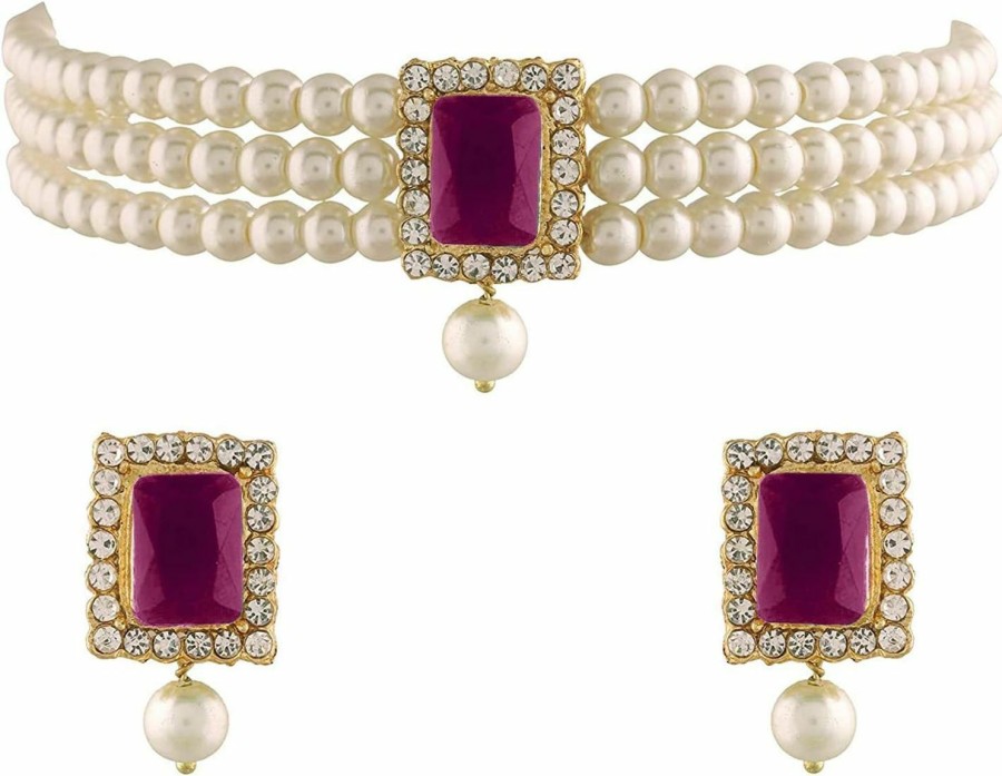 I Jewels I Jewels Gold Plated Indian Wedding Bollywood Stone Pearl Choker Necklace Jewellery Set For Women/Girls (Pink-2) Jewelry Sets