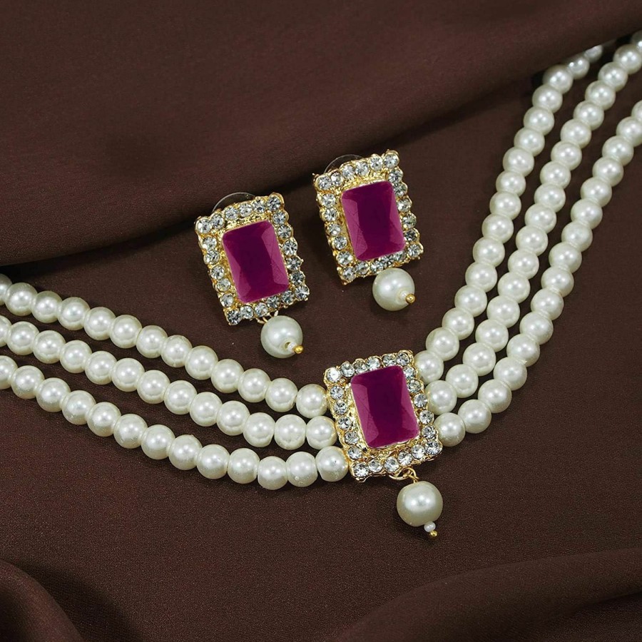 I Jewels I Jewels Gold Plated Indian Wedding Bollywood Stone Pearl Choker Necklace Jewellery Set For Women/Girls (Pink-2) Jewelry Sets