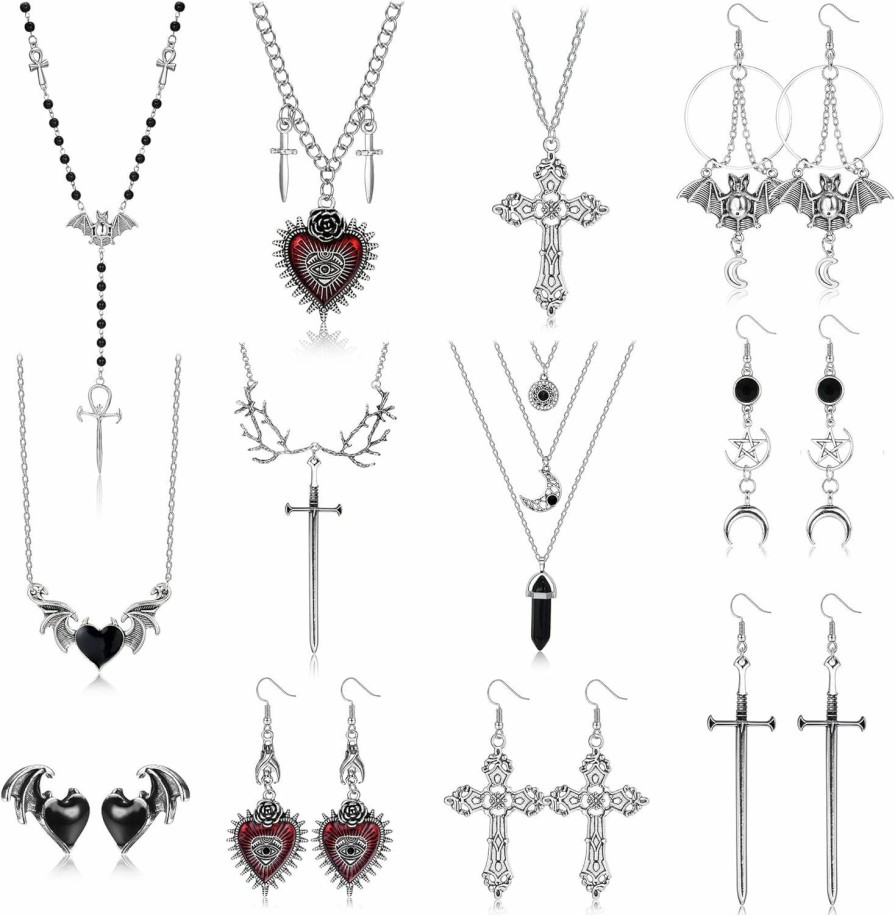 Sanfenly Sanfenly Y2K Grunge Jewelry Set 6 Pcs Gothic Grunge Necklaces + 6 Pairs Grunge Earrings Punk Emo Vintage Goth Cross Bat Sword Wing Evil Eye Crystal Necklace Earrings Y2K Accessories For Women Men Jewelry Sets