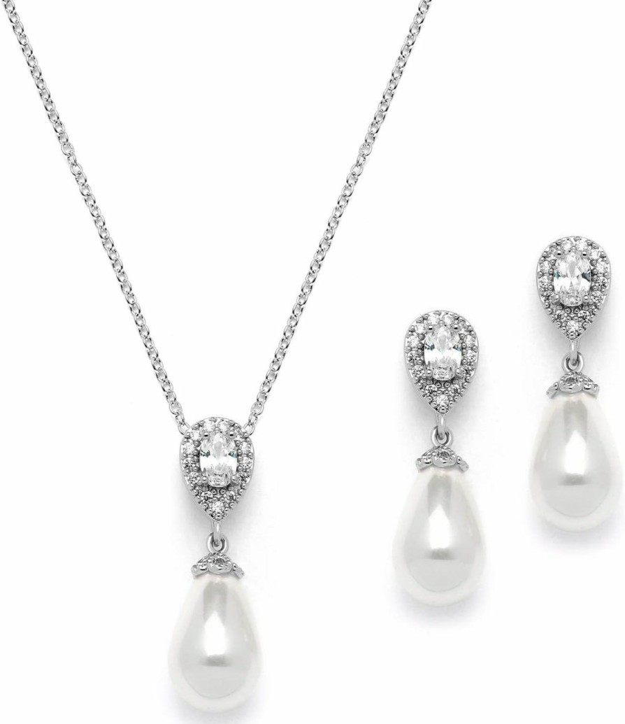 Mariell Mariell Pearl Drop Bridal Necklace And Earrings Set With Cz Crystals For Bride, Wedding, Birthday Gift Jewelry Sets