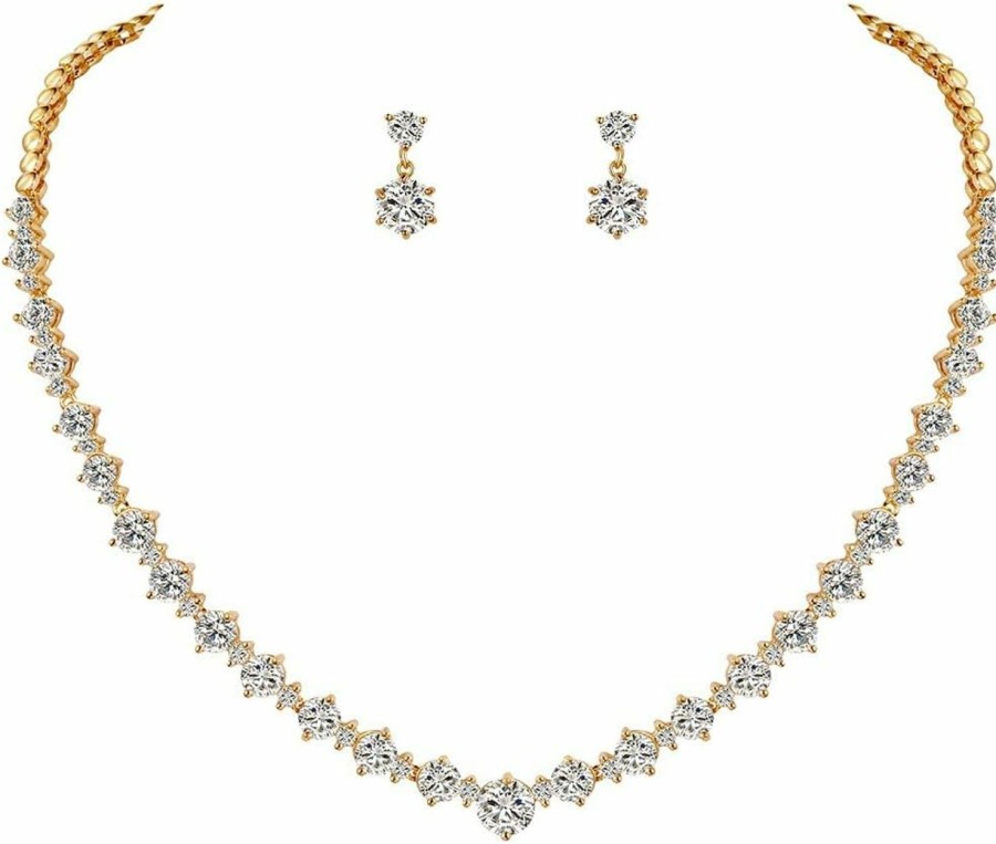 WeimanJewelry Weimanjewelry White Gold/Gold/Rose Gold Plated Women Cubic Zirconia Round Cut Cz Bridal Necklace And Drop Earring Set For Bride Wedding Jewelry Sets