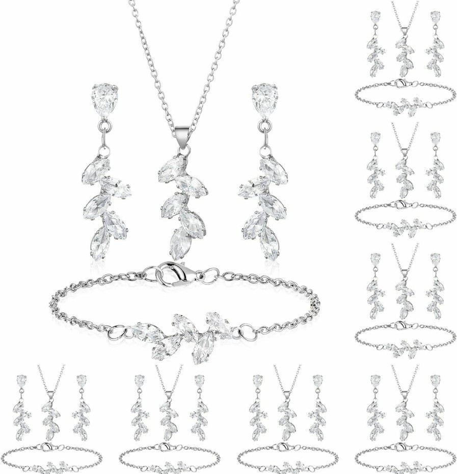 Trnayi 8 Sets Bridesmaid Jewelry Set For Wedding Silver Necklace Earrings Set Teardrop Wedding Bridal Jewelry Set Crystal Rhinestone Backdrop Necklace Earring Sets For Prom Women Jewelry Sets