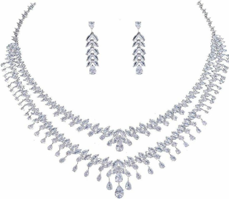 Jorsnovs Jorsnovs Silver Teardrop Layered Necklace For Women Wedding Jewelry Set Statement Prom Birthday Earrings And Necklace Set Jewelry Sets