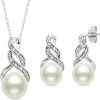 MAX + STONE Max + Stone Sterling Silver Pearl Jewelry Set With Diamonds | Freshwater Pearl Earrings & Necklace For Women | Real Pearl Necklace And Earring Set | Silver Pearl Earrings And Necklace Set For Women Jewelry Sets