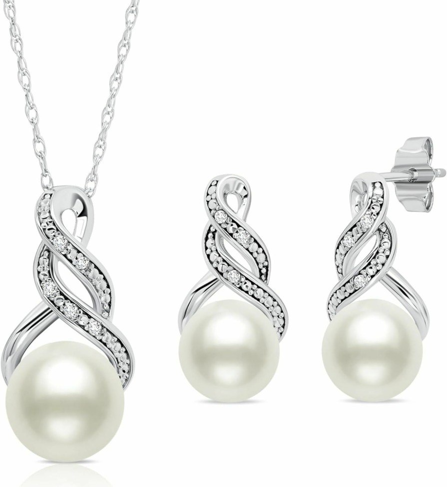 MAX + STONE Max + Stone Sterling Silver Pearl Jewelry Set With Diamonds | Freshwater Pearl Earrings & Necklace For Women | Real Pearl Necklace And Earring Set | Silver Pearl Earrings And Necklace Set For Women Jewelry Sets