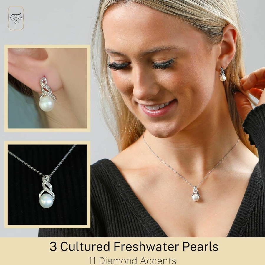 MAX + STONE Max + Stone Sterling Silver Pearl Jewelry Set With Diamonds | Freshwater Pearl Earrings & Necklace For Women | Real Pearl Necklace And Earring Set | Silver Pearl Earrings And Necklace Set For Women Jewelry Sets