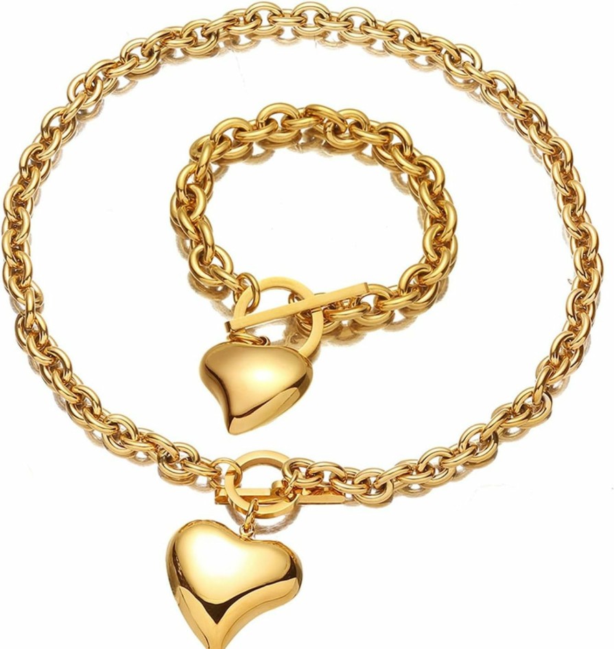 WJH Silver 18K Gold Rose Gold Plated Charm Chunky Stainless Steel Chain Heart Toggle Choker Bracelet Necklace Set For Womens Girls Fashion Valentine Jewelry Set Jewelry Sets