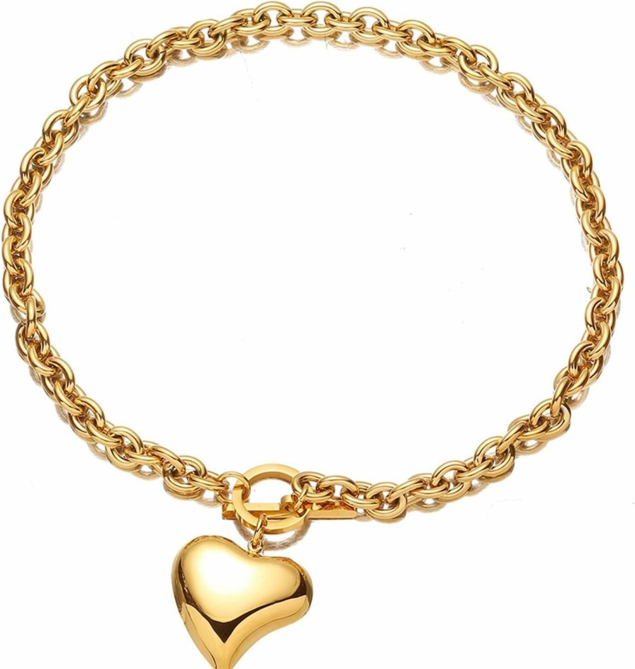 WJH Silver 18K Gold Rose Gold Plated Charm Chunky Stainless Steel Chain Heart Toggle Choker Bracelet Necklace Set For Womens Girls Fashion Valentine Jewelry Set Jewelry Sets