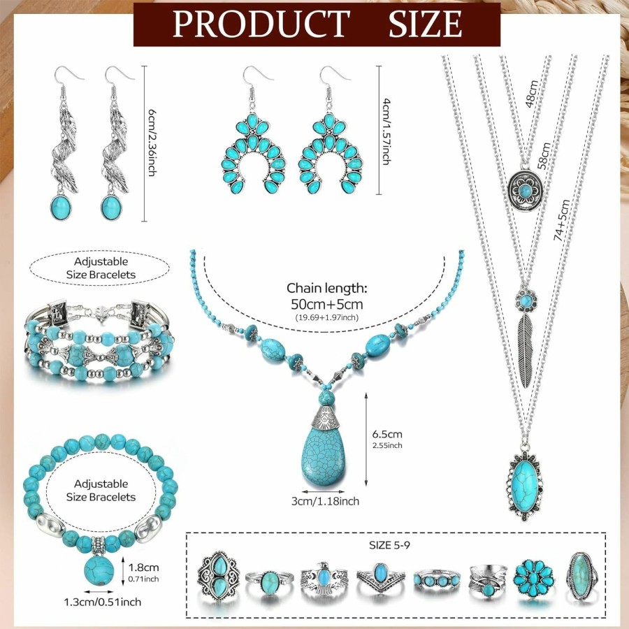 FUNRUN JEWELRY Funrun Jewelry Western Jewelry For Women Bohemian Turquoise Jewelry Set Turquoise Pendant Necklace Layered Wrap Bracelet Turquoise Drop Dangle Earrings Turquoise Joint Knuckle Rings Boho Jewelry Set Jewelry Sets