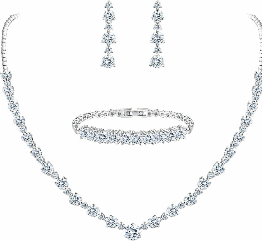 Crysdue Crysdue Women Wedding Jewelry Set For Brides Bridesmaid, Cubic Zirconia Round Cut Circle Necklace Bracelet Dangle Earrings For Wedding Party Prom Jewelry Sets