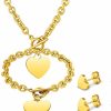 Bucherry 3 Pcs Heart Jewelry Set Heart Pendant Necklace Heart Chain Toggle Necklace Heart Bracelet Earrings Love Stainless Steel Link Chain For Women Girl Christmas Valentine'S Day Gift Jewelry Sets