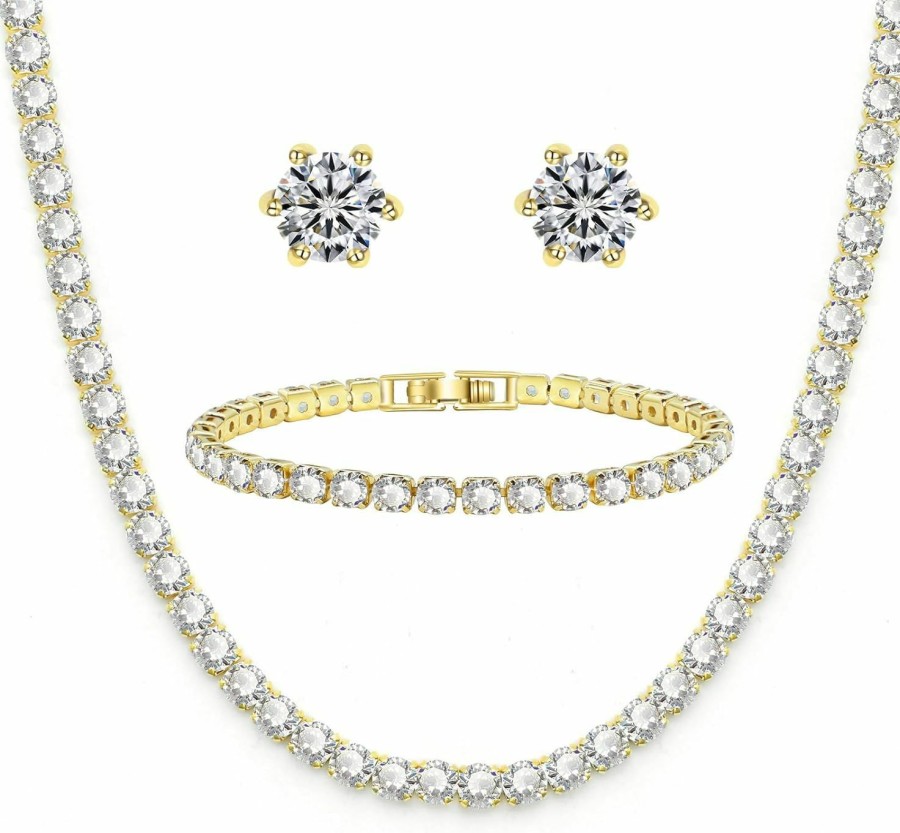 PORYIMEE Poryimee Tennis Necklace Bracelet Earrings Silver / 14K Gold Plated Sparkling Rhinestone Choker Necklaces Dainty Crystal Cubic Zirconia Bridal Wedding Jewelry For Women Jewelry Sets