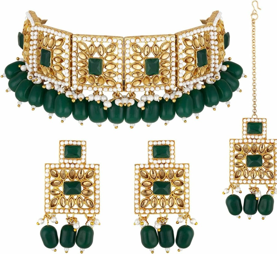 Aheli Aheli Faux Pearl Green Necklace With Earrings Indian Traditional Bollywood Jewelry Set For Women Girls Jewelry Sets