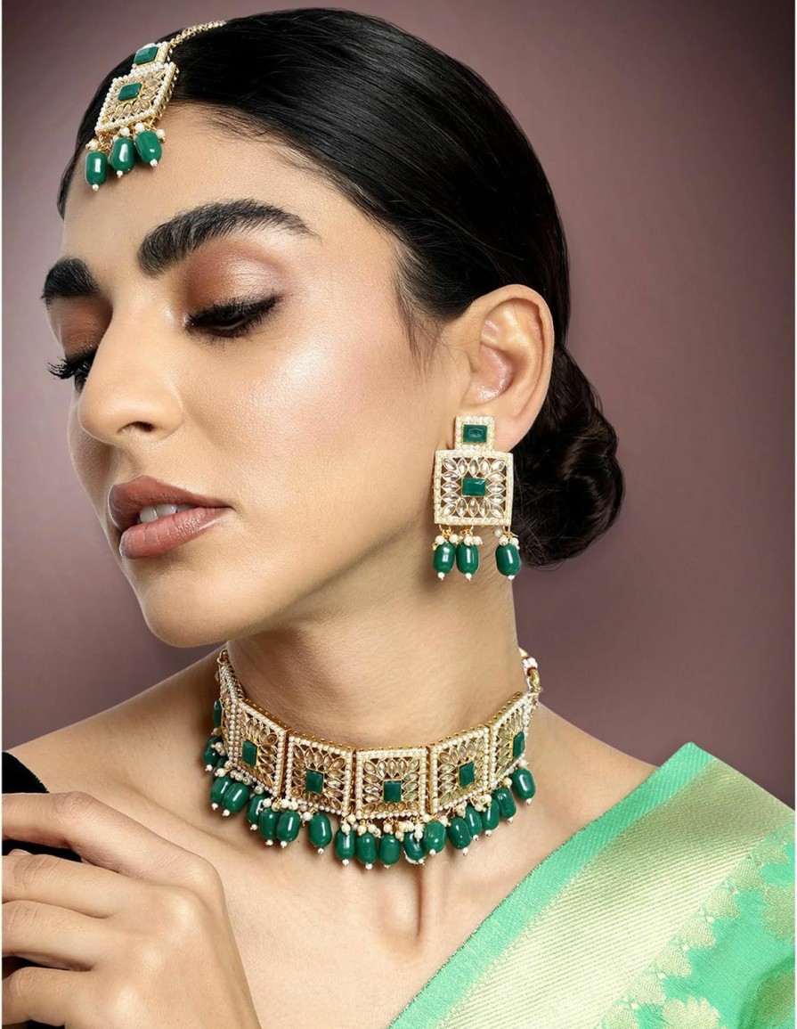 Aheli Aheli Faux Pearl Green Necklace With Earrings Indian Traditional Bollywood Jewelry Set For Women Girls Jewelry Sets