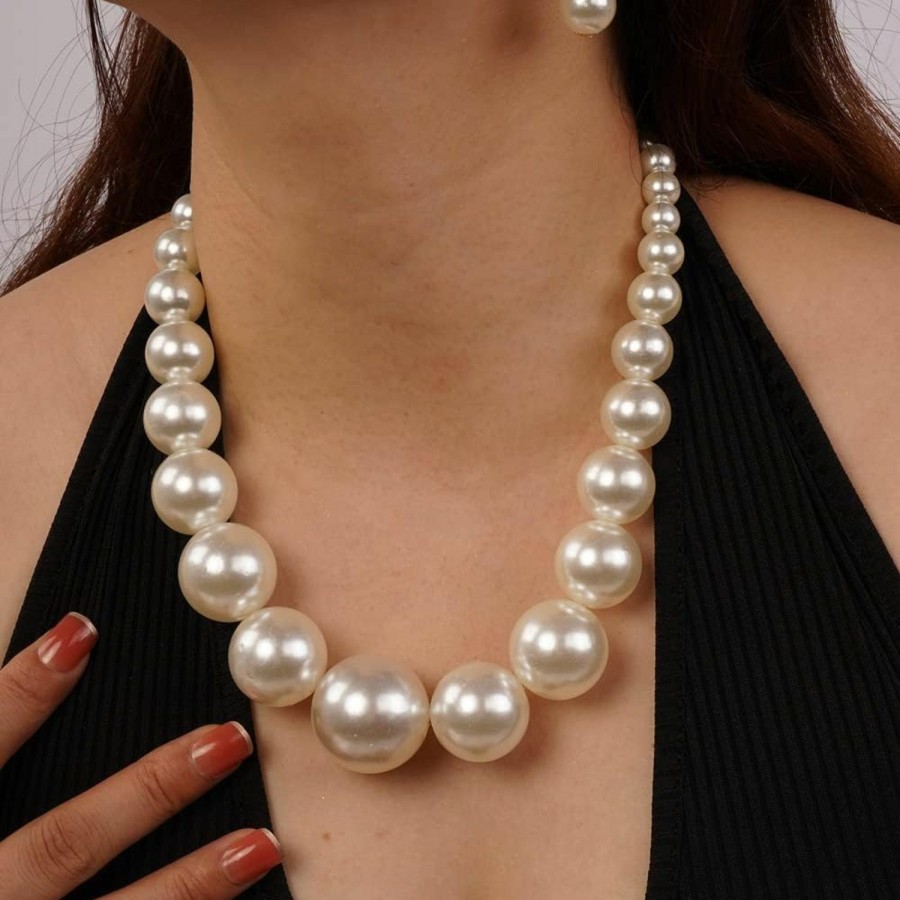 Aimimier Aimimier 1920S Vintage Big Faux Pearl Strand Necklace With Earrings Set Large Chunky Pearl Choker Statement Chain For Women Jewelry Sets