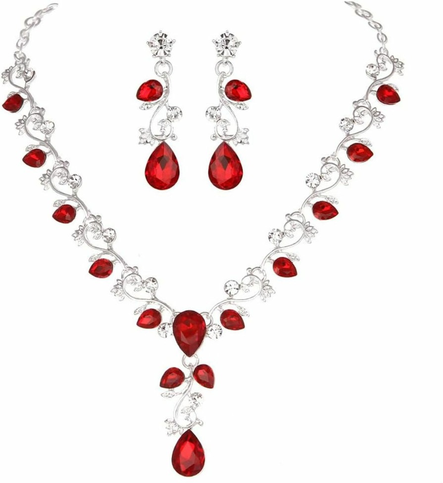 Molie Molie Leaf Vine Crystal Necklace Earrings Jewelry Set For Bridesmaids V-Neck Formal Evening Dress Jewelry Sets