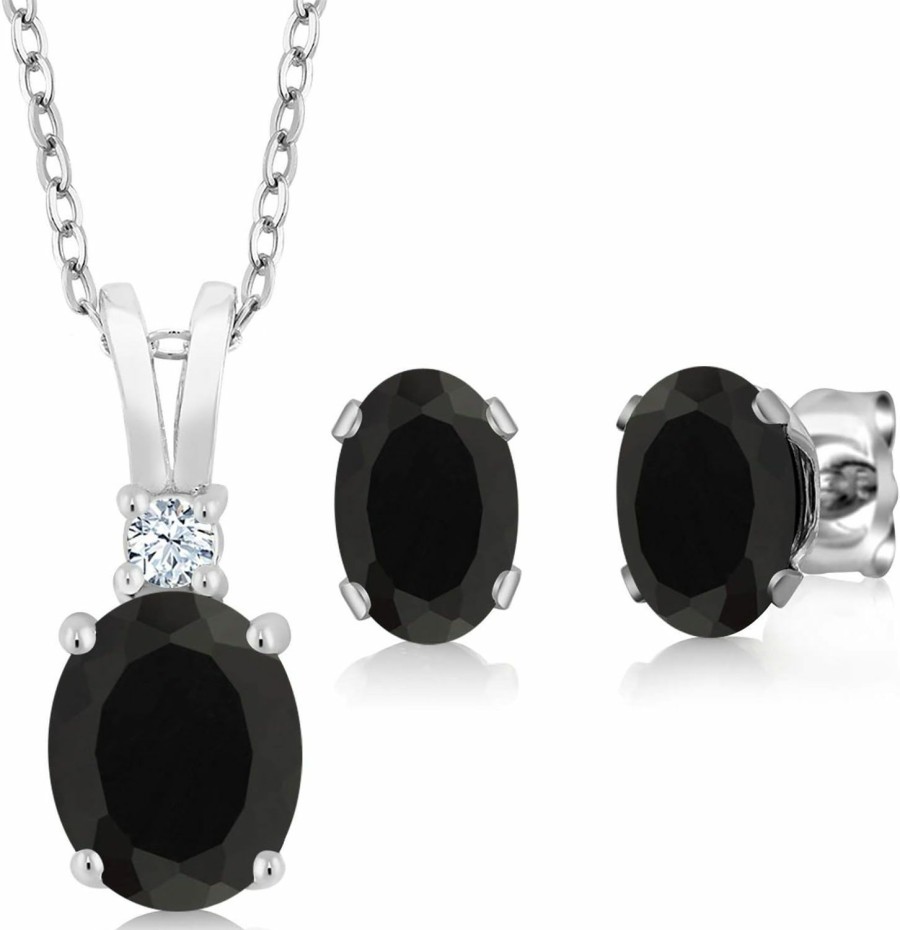 Gem Stone King Gem Stone King 925 Sterling Silver Oval Black Onyx Pendant And Earrings Jewelry Set For Women (3.05 Cttw, Gemstone Birthstone, With 18 Inch Silver Chain) Jewelry Sets