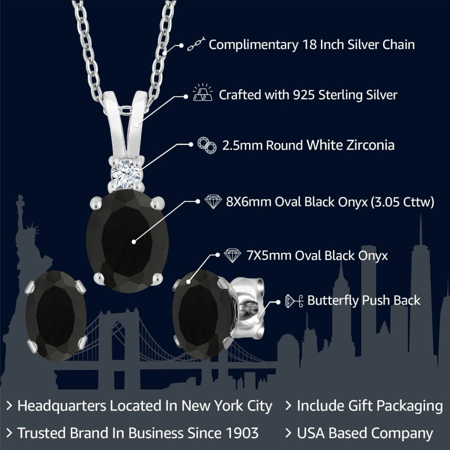 Gem Stone King Gem Stone King 925 Sterling Silver Oval Black Onyx Pendant And Earrings Jewelry Set For Women (3.05 Cttw, Gemstone Birthstone, With 18 Inch Silver Chain) Jewelry Sets