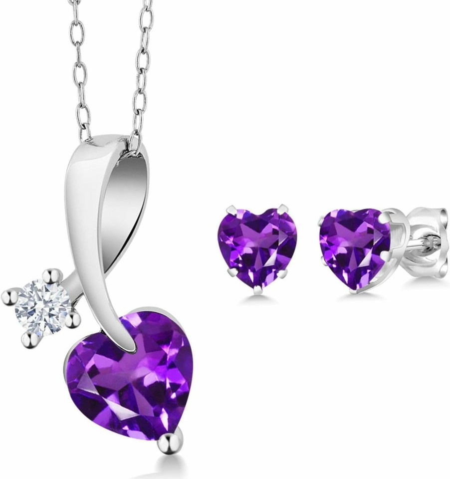 Gem Stone King Gem Stone King 925 Silver Purple Amethyst Heart Shape Pendant And Earrings Jewelry Set For Women (1.81 Cttw, Gemstone February Birthstone, With 18 Inch Chain) Jewelry Sets