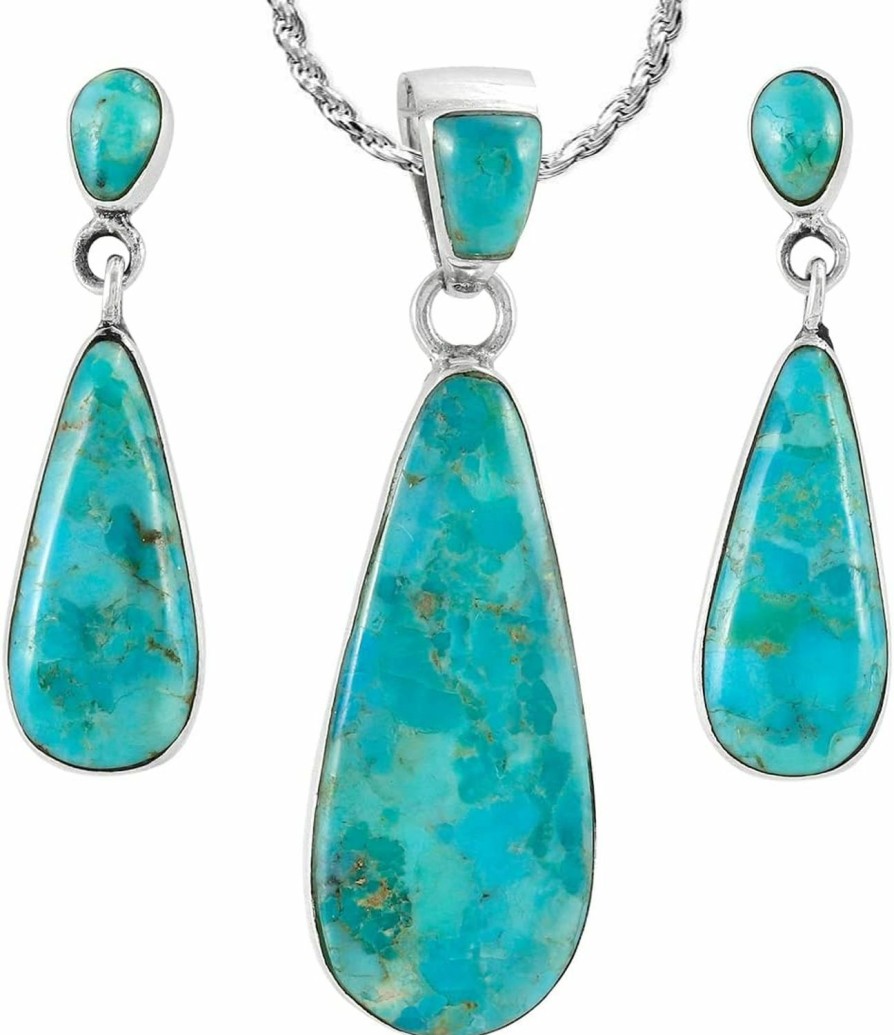 Turquoise Network Turquoise Necklace & Earrings Set In Sterling Silver 925 With Genuine Turquoise (20" Chain) Jewelry Sets