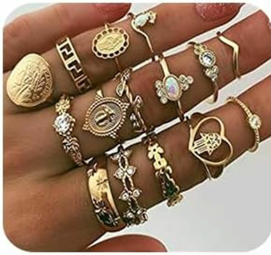 BERYUAN Beryuan Rings Crystal Rings For Women Rings For Teen Girls Gold Rings Womens Rings Cute Rings Stackable Rings Set(15Pcs(Rings Size 5 6 7 8 9) Jewelry Sets