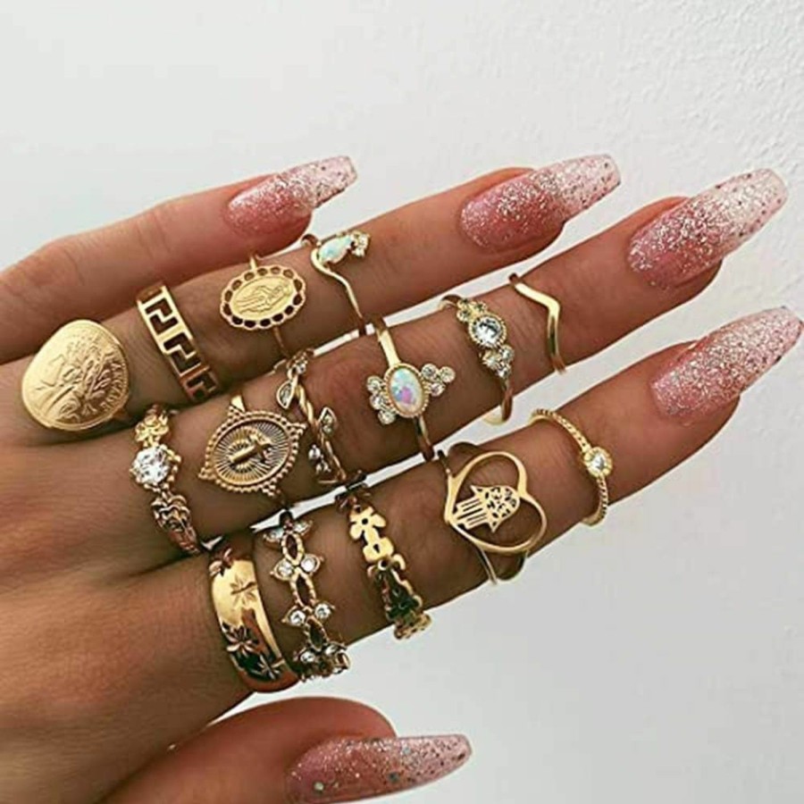 BERYUAN Beryuan Rings Crystal Rings For Women Rings For Teen Girls Gold Rings Womens Rings Cute Rings Stackable Rings Set(15Pcs(Rings Size 5 6 7 8 9) Jewelry Sets