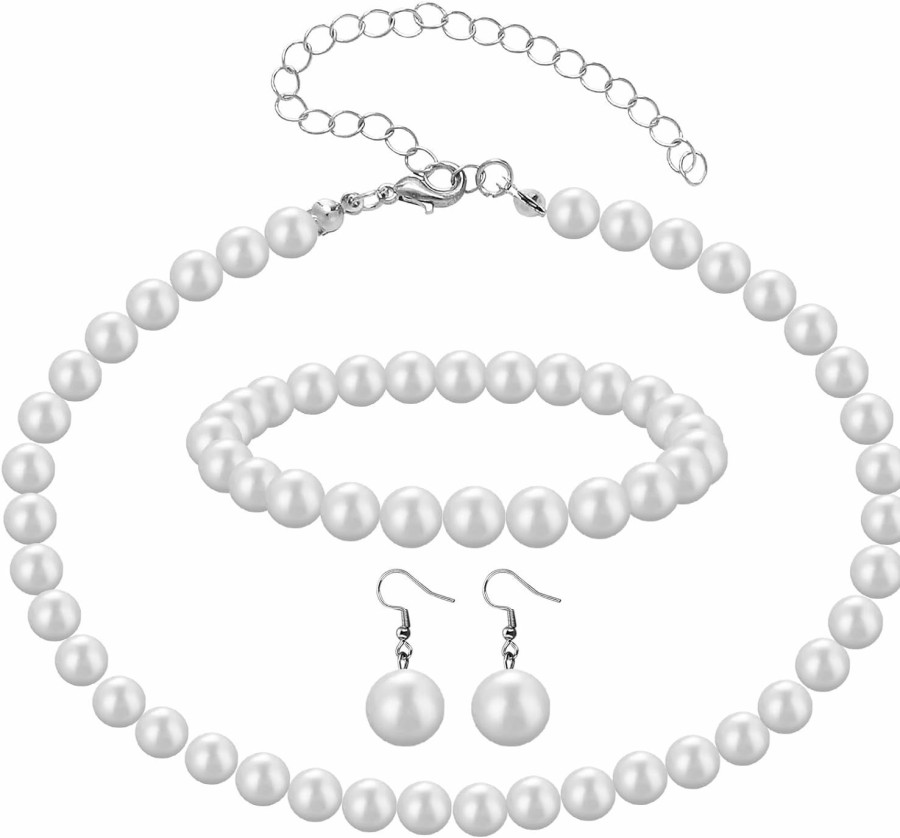 DIVINA VITAE 3 Pcs 8Mm Pearl Necklace Bracelet Earrings Set Faux Pearl Jewelry Set For Women Simulated Pearl Necklaces Set Round White Pearl Costume Jewelry Accessories For Women Girls Brides Wedding Gift Jewelry Sets