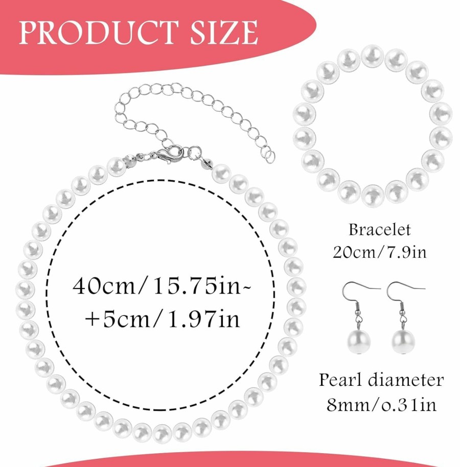 DIVINA VITAE 3 Pcs 8Mm Pearl Necklace Bracelet Earrings Set Faux Pearl Jewelry Set For Women Simulated Pearl Necklaces Set Round White Pearl Costume Jewelry Accessories For Women Girls Brides Wedding Gift Jewelry Sets