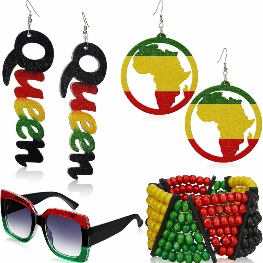 Zhanmai Zhanmai 4 Pieces African Women'S Earrings Jewelry Set Jamaica African Map Dangle Earrings Queen Wooden Earrings Oversized Square Sunglasses Rasta Beaded Bracelet For Black Women Girls Jewelry Sets