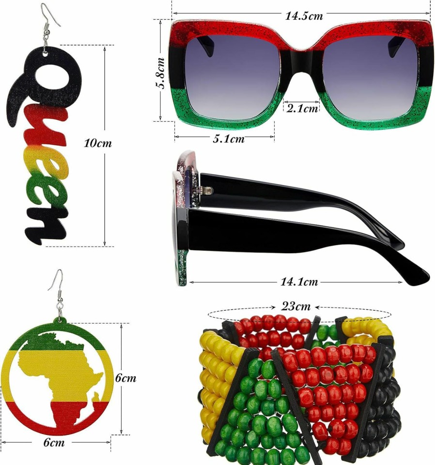 Zhanmai Zhanmai 4 Pieces African Women'S Earrings Jewelry Set Jamaica African Map Dangle Earrings Queen Wooden Earrings Oversized Square Sunglasses Rasta Beaded Bracelet For Black Women Girls Jewelry Sets