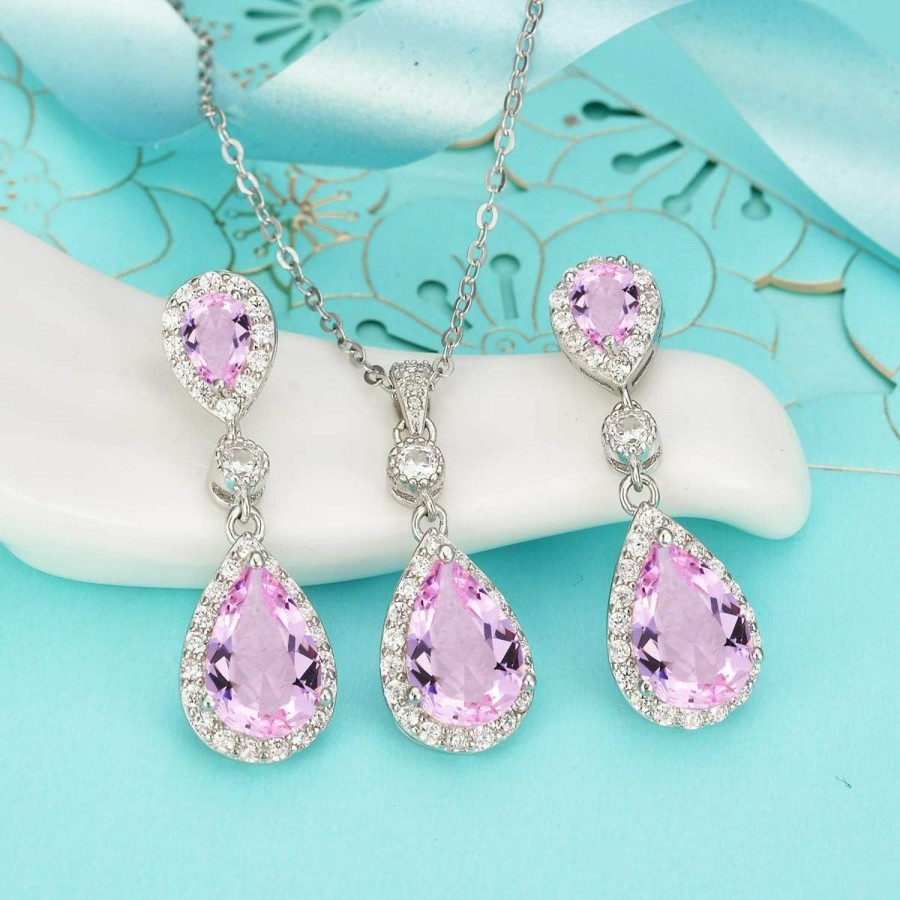 EleQueen Elequeen 925 Sterling Silver Full Cubic Zirconia Teardrop Bridal Pendant Necklace Dangle Earrings Set, Valentine'S Day/Mother'S Day/Christmas Jewerly Gift For Girlfriend/Mom Jewelry Sets