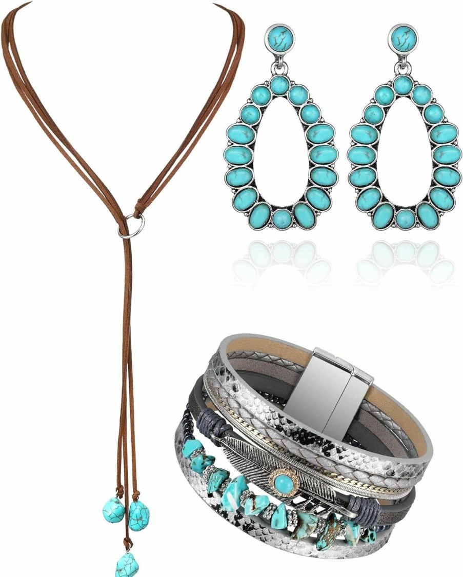 Inbagi Inbagi 3 Pcs Western Jewelry For Women Bohemian Set, Boho Pendant Long Choker, Faux Leather Layered Bracelet, Dangle Earrings Jewelry Sets