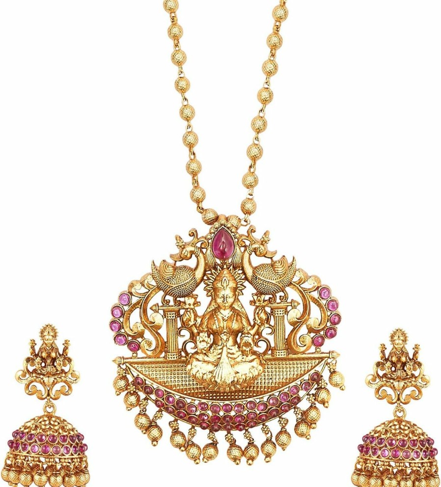 Bodha Bodha Traditional Indian Bollywood Handcrafted Antique Gold Plated Goddess Lakshmi Temple Jewellery Necklace Set With Matching Earrings For Women (Sj_2783) Jewelry Sets