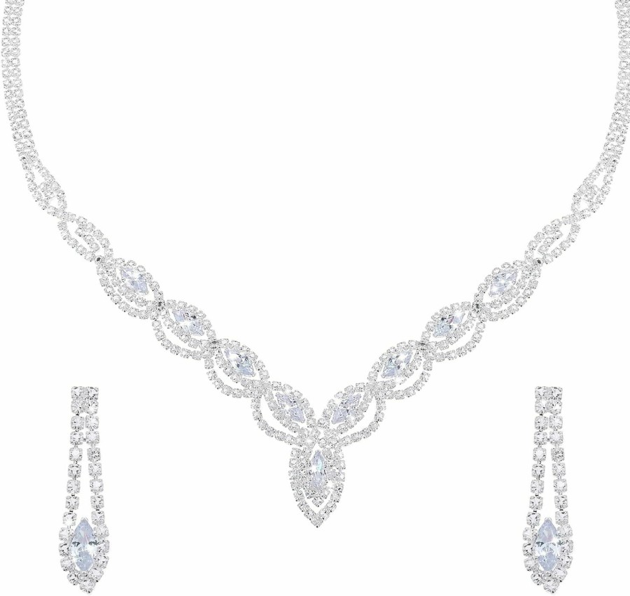 DIVINA VITAE Divina Vitae Sparkle Rhinestone Necklace And Earring Set Formal Bridal Wedding Jewelry Sets Bride Bridesmaid Prom Costume Jewelry Set For Bride Women Girls Wedding Accessories(Silver) Jewelry Sets